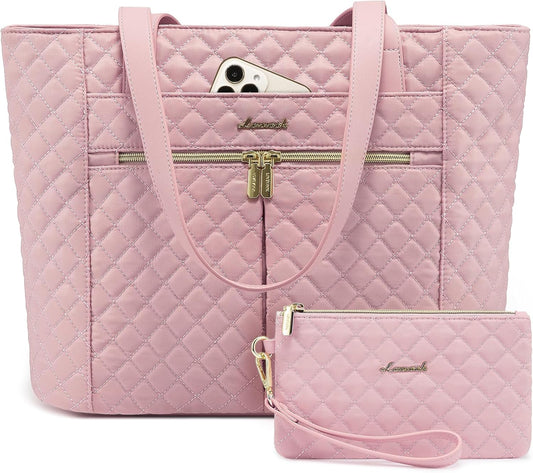 LOVEVOOK Laptop Bag for Women 17 inch,Diamond Quilted Work Tote Bags Womens Laptop Tote Bag Computer Shoulder Bags,Stylish Travel Tote Bags Laptop Purse Briefcase Handbag with Clutch Purse,Off-white