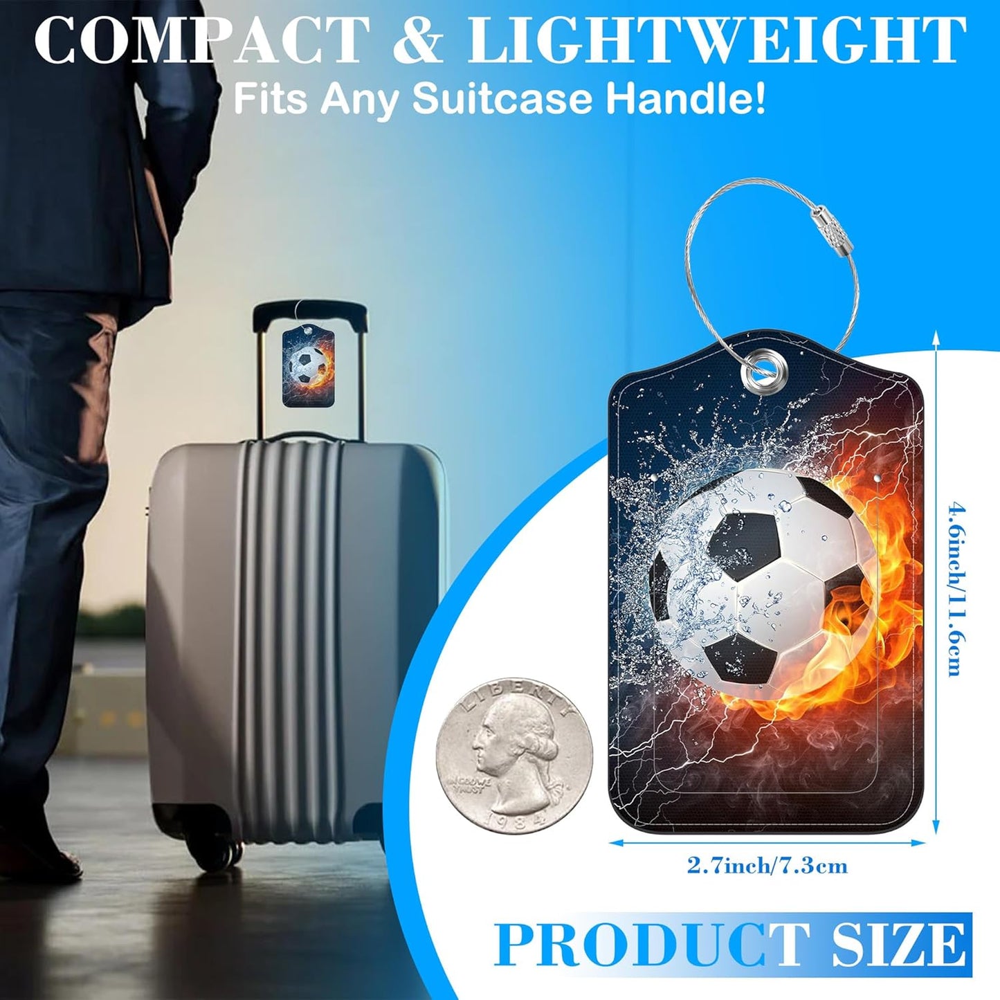 Soccer Ball in Fire and Water Luggage Tags for Suitcases Leather Travel Tags for Luggage ID Label with Privacy Cover and Stainless Steel Loop for Men Women Suitcase Backpack, Set of 2