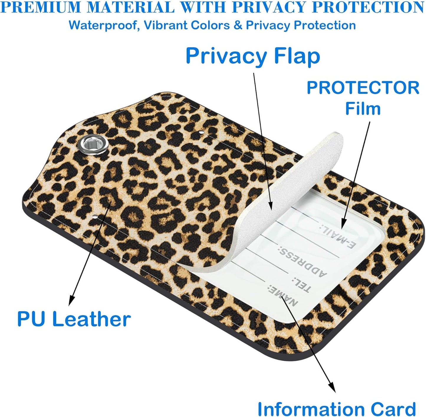 2 Pcs Luggage Tags for Suitcases, Leopard Print Leather Bag Tags for Luggage Privacy Cover Name ID Label with Stainless Steel Loop Cruise Airport Travel Essentials