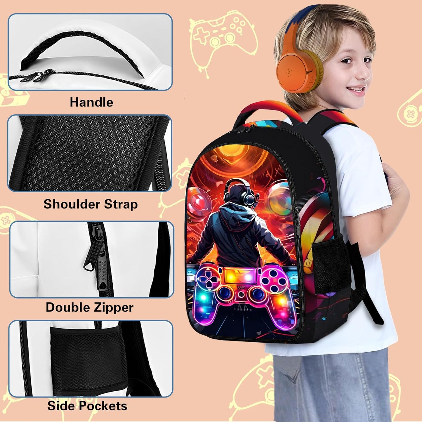 Game Backpack Set for Boys, Gaming Backpack 3 Pack, Boys Lunch Box, and Pencil Bag for Kids, 17"