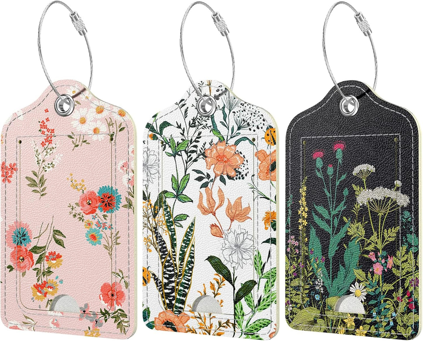 Rimilak 3 Pcs PU Leather Luggage Tags for Suitcase, Travel Cruise Luggage Tag with Privacy Flap, Name ID Label and Metal Loop for Women Men Baggage Handbag School Bag Backpack, Daisy Flowers