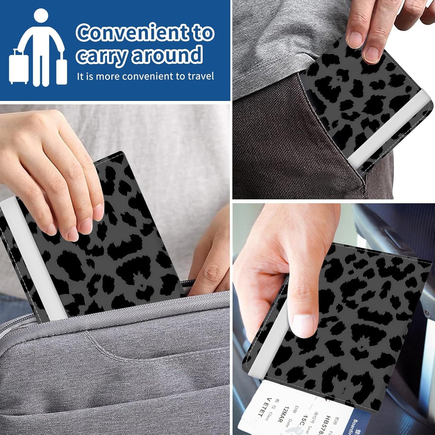 Passport Holder for Travel Essentials, Leather RFID Blocking Passport Wallet Cover Case, Cute Passport Book Holders for Women and Men Luxury Black Leopard