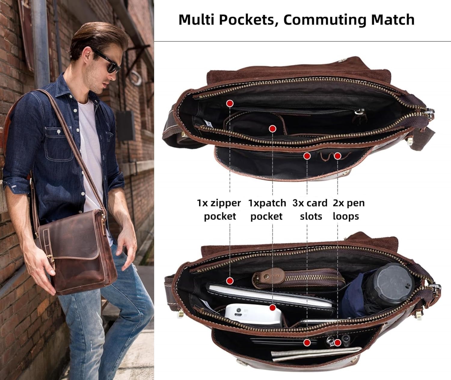 Masa Kawa Leather Messenger Bag Small Crossbody Shoulder Bag for Men Women Flap Over Man Purse Fits