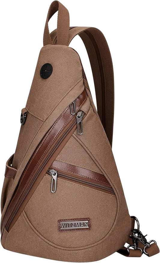 WITZMAN Canvas Sling Bag for Men Women Convertible Sling Backpack Crossbody Vintage Chest Bag Travel Casual Daypack（A8003 Brown）