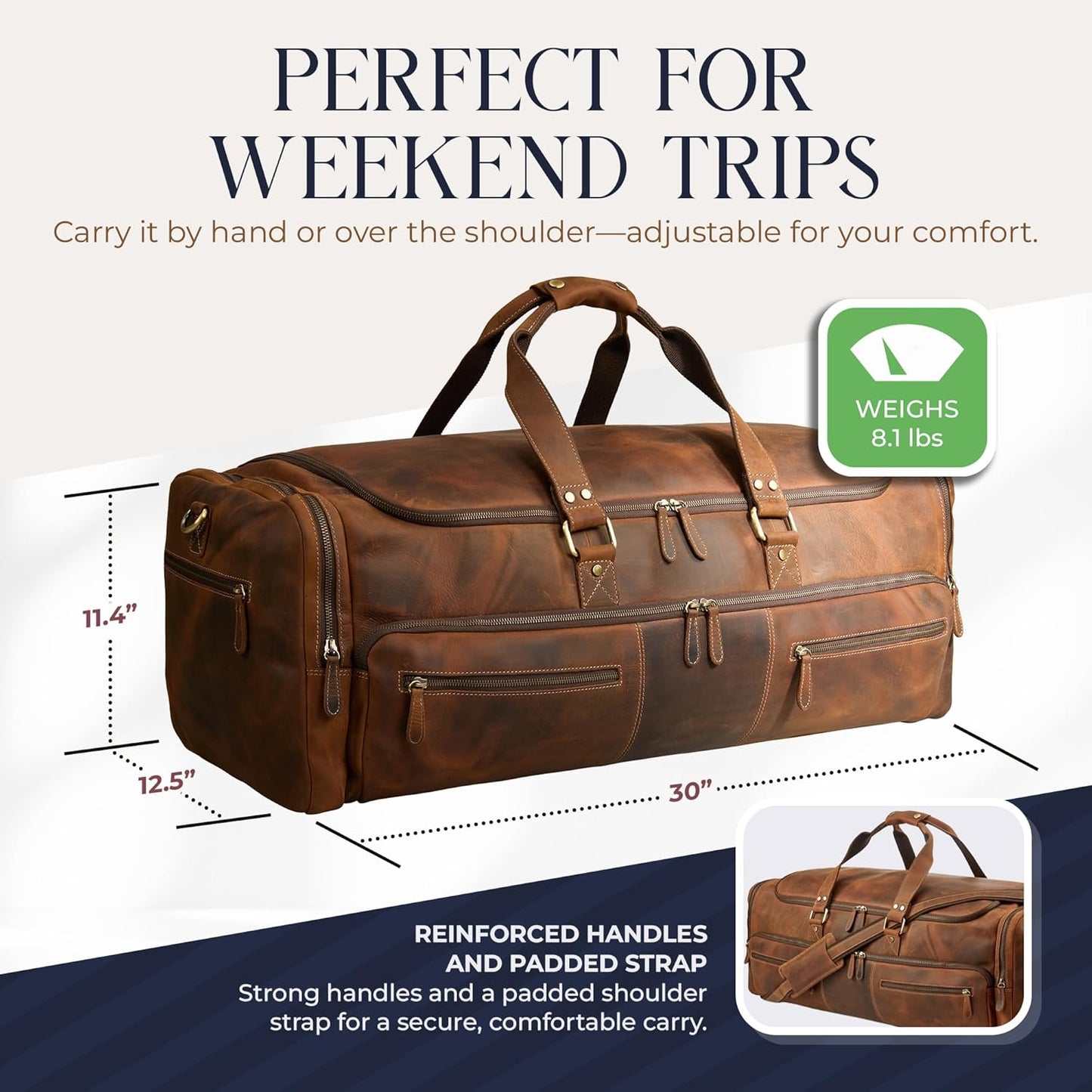 Luxorro Full Grain Leather Duffle Bag for Men | Large Weekender & Road Trip Bag | 30 Inch, 70L Capacity | Mens Overnight Travel & Gym Duffel | Dark Brown