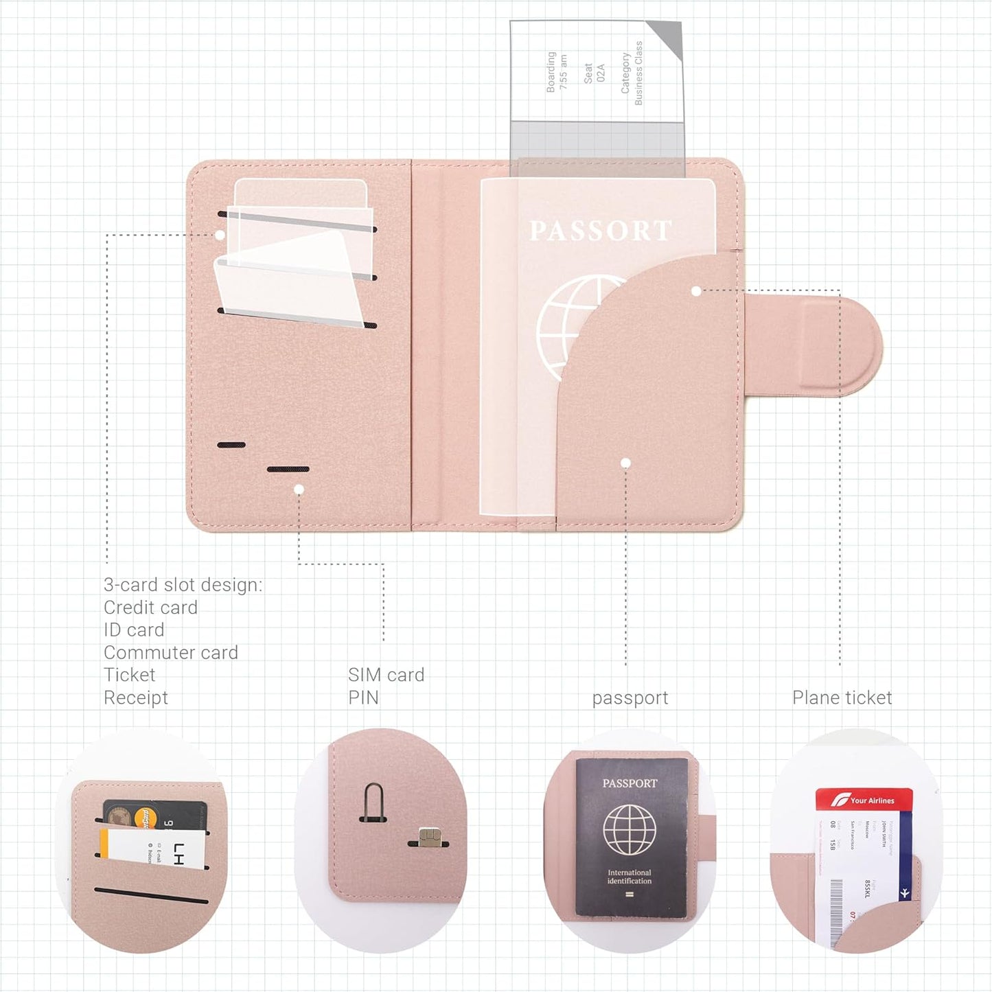 LHiDS Leatherette Passport Holder with RFID Protection, Premium PU Leather, Snap Button Closure, Travel Passport Wallet Cover for Passport, Boarding Passes, Business Cards, Cash (Rose Pink)