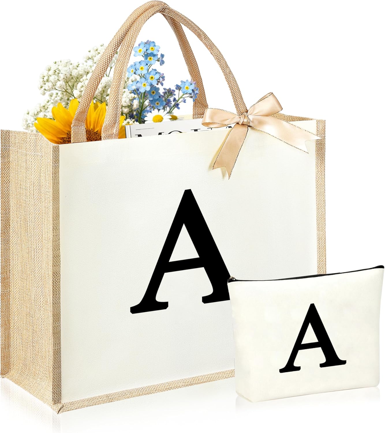 Initial Canvas Tote Bag & Makeup Bag for Women Teacher Bridesmaids，Personalized Present for Wedding, Birthday, Beach