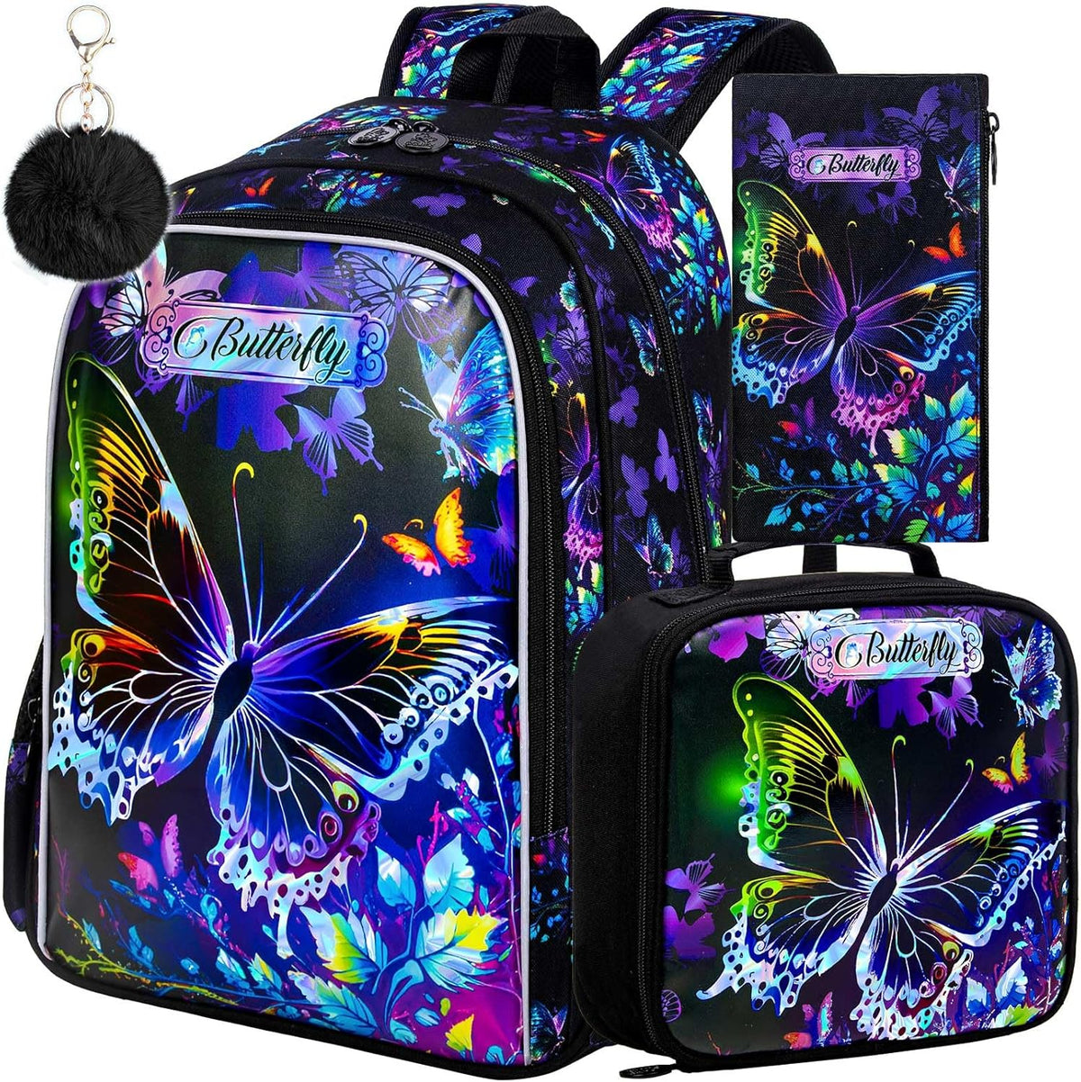 16" Butterfly Backpack for Girls, 3Pcs School Bookbag with Lunch Box, Kids Backpacks Set for