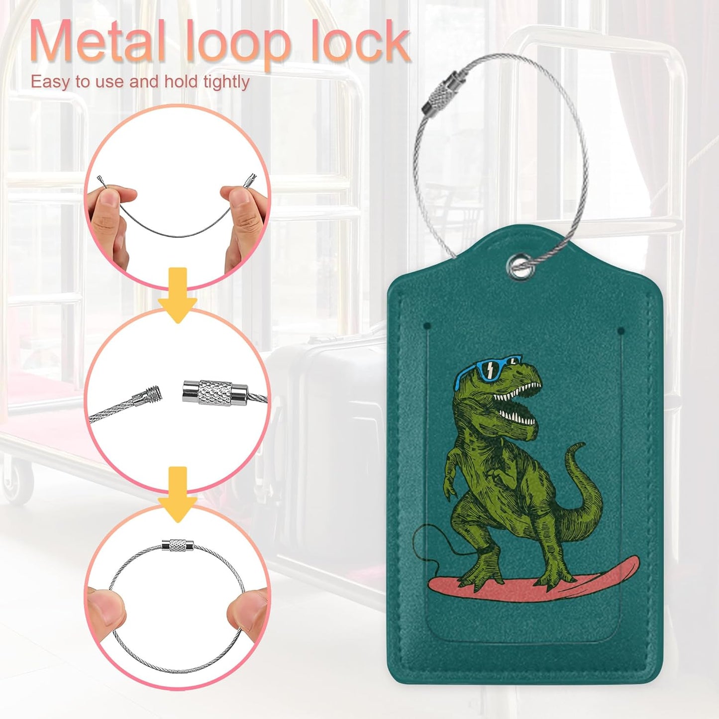 2 Pack Luggage Tag for Suitcase,Dinosaur Leather Suitcase Tags Identifiers with Privacy Name Address Labels & Durable Steel Loop for Women/Men Travel,Happy Dinosaur Surfer