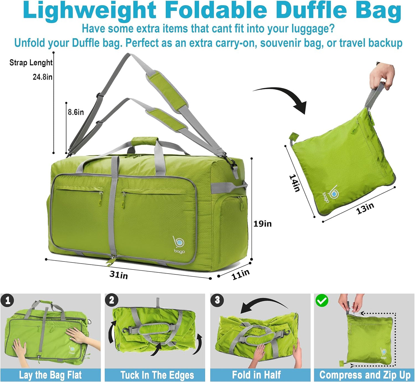 Bago Big XXL Foldable Duffel Bags for Traveling Women & Men - 140L Packable Duffle Bag for Travel with Shoe Compartment - Water Repellant, Heavy Duty, Lightweight Folding & Collapsible (Green)