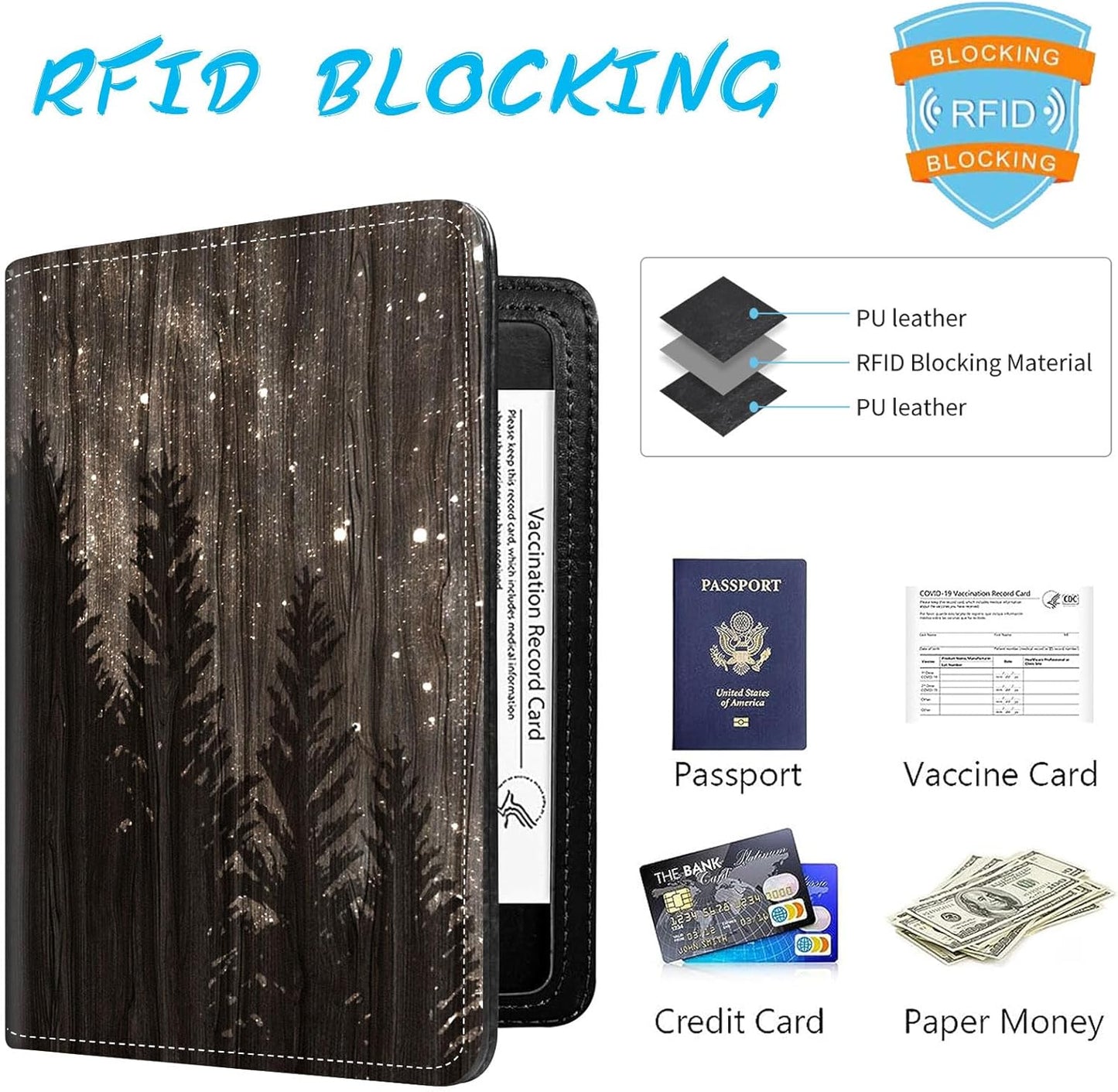Passport Holder Cover Wallet Travel Essentials RFID Blocking Case Leather Passport Cover Wallet Vaccine Card Slot Organizer for Men Women, Woodgrain starry sky