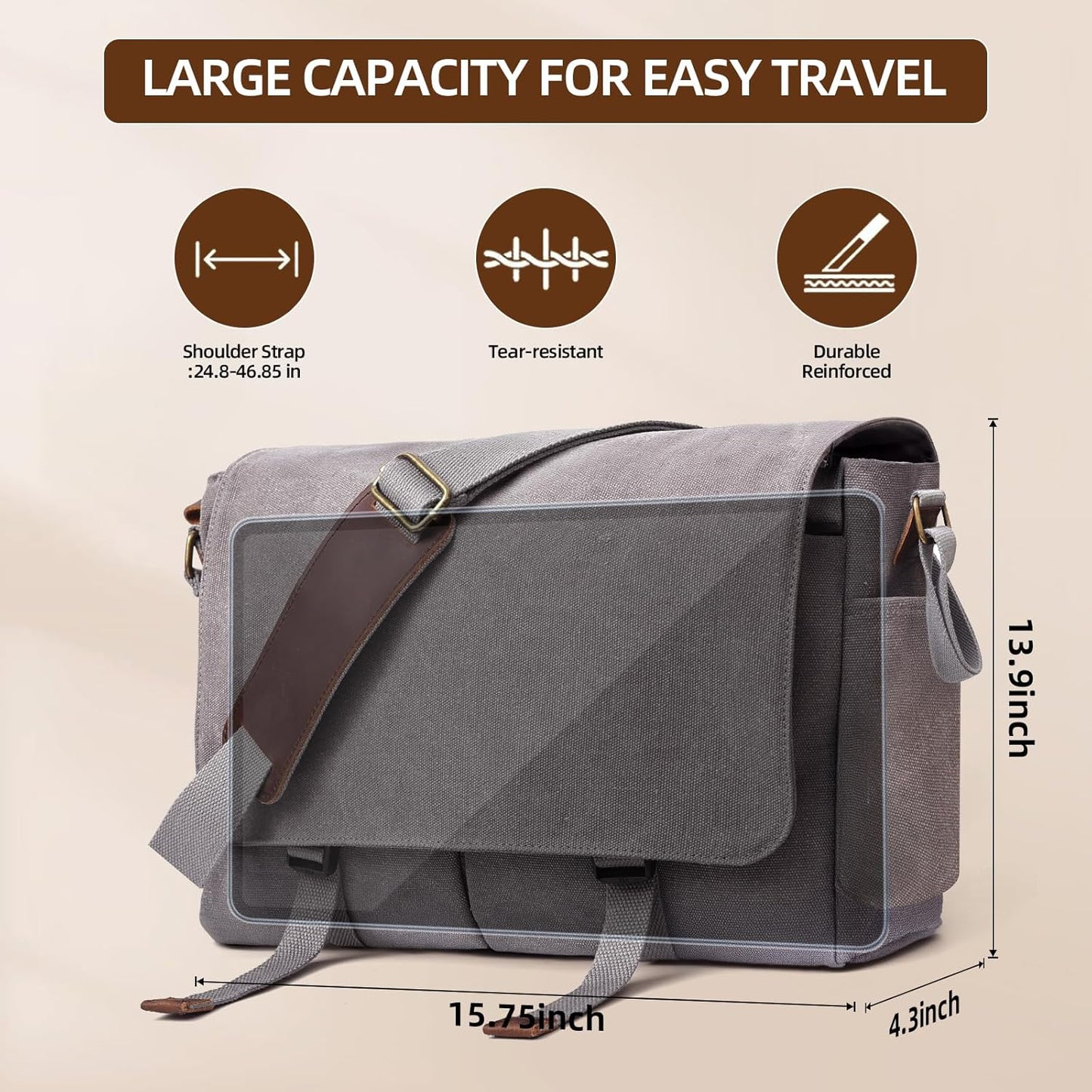 Messenger Bag for men Laptop Bag UnisexRetro Canvas Bag14-15.6 inches Casual single shoulder bag For Work College Travel