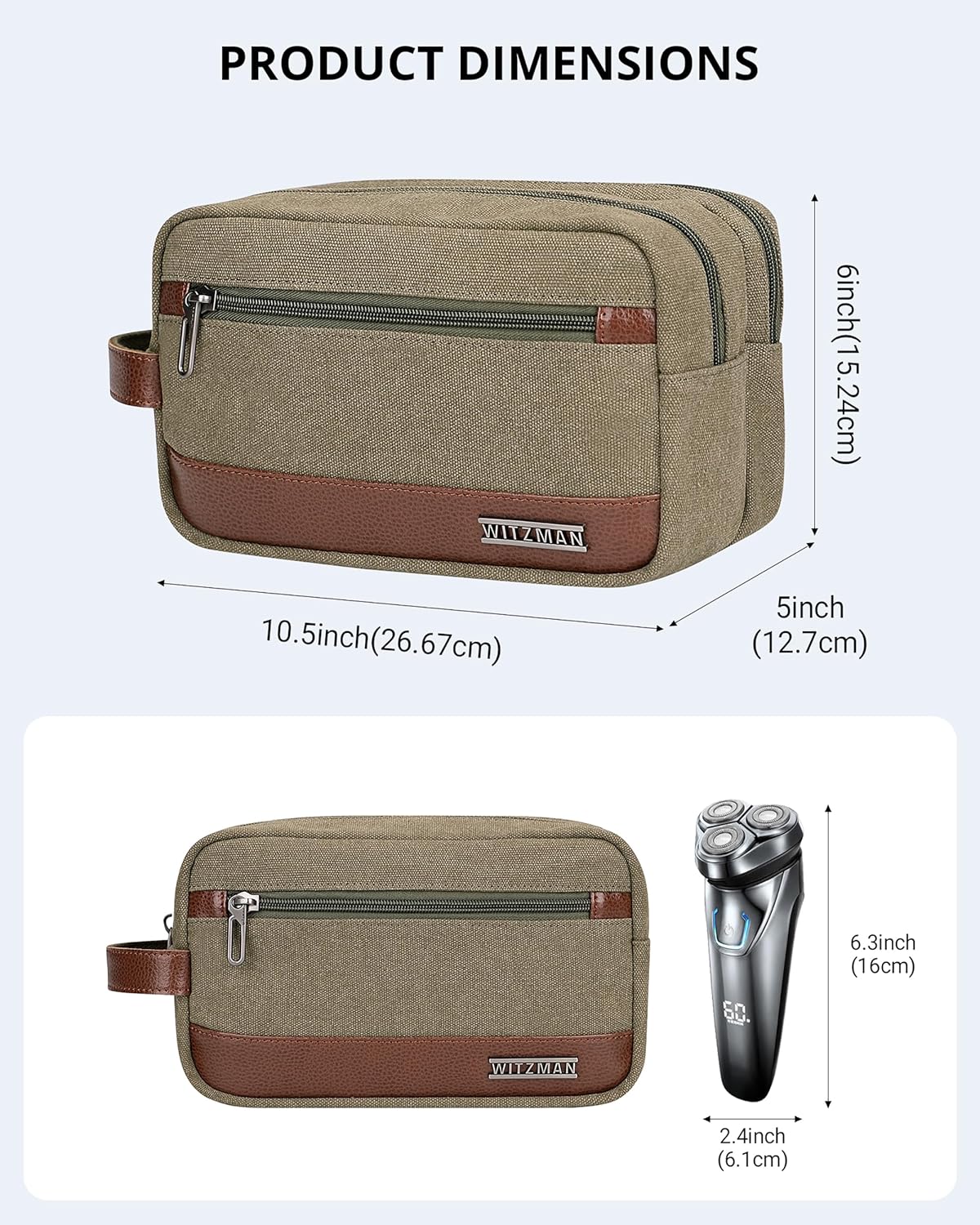 WITZMAN Canvas Toiletry Bag for Men Hanging Dopp Kit Organizer Water-resistant Travel Toiletries bag Men Bathroom Bag with Wet Pocket(A8001 Army Green)