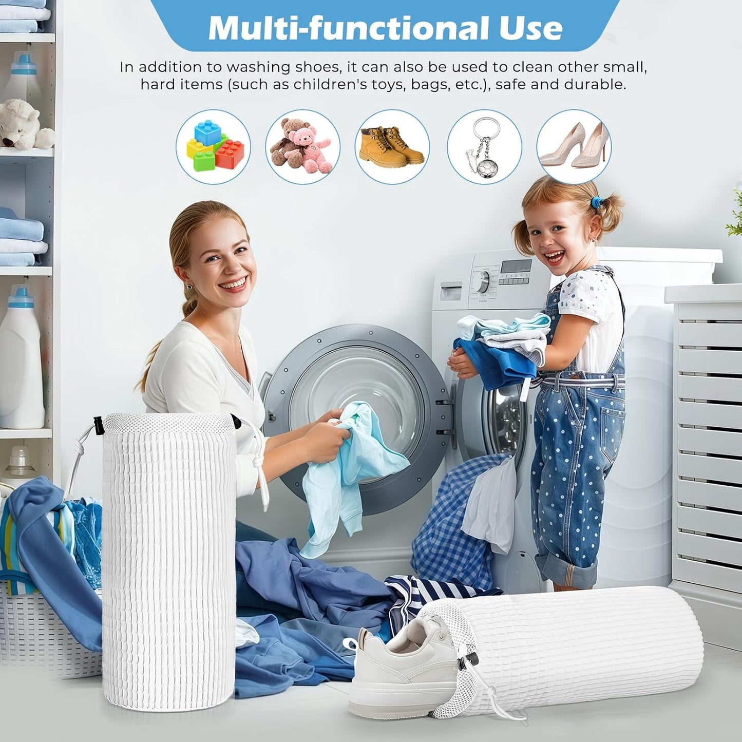 2Pcs Shoe Washing Machine Bag, Reusable Shoe Laundry Bag, Sneaker Washing Machine Bags, Shoe Cleaning Wash Bag with 360° Cleaning Fibers & Adjustable Drawstring, Fits Most Shoes Washer (White)