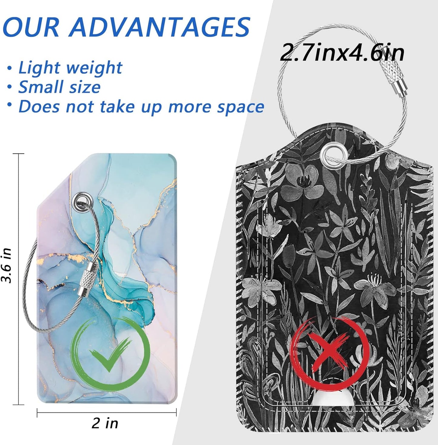 4 Luggage Tags, (1" Smaller Than Traditional) Perfect for Quick Luggage Identification with Stainless Steel Ring and Address Card for Travel and Luggage (Blue Marble + Black Marble)