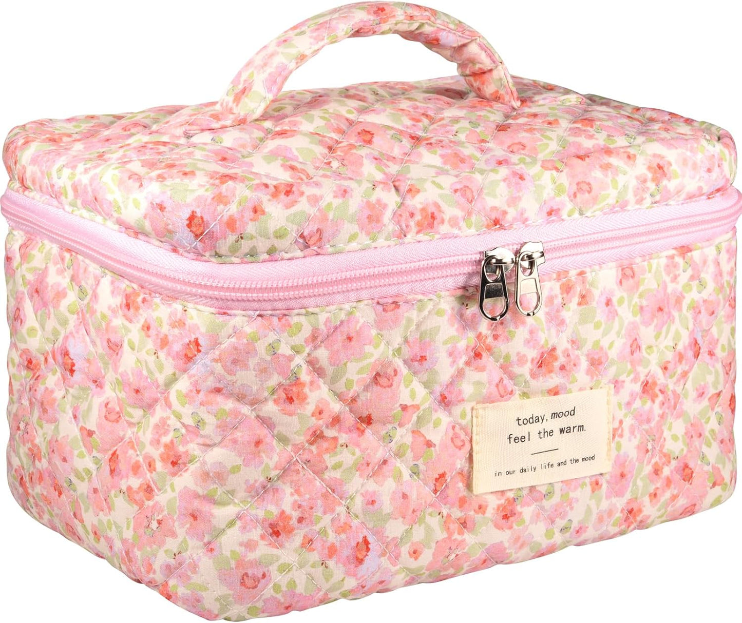 Quilted Makeup Bag, Large Makeup Bag, Cute Cosmetic Bag for Women Girls, Floral Coquette Aesthetic Travel Toiletry Make Up Organizer Bag