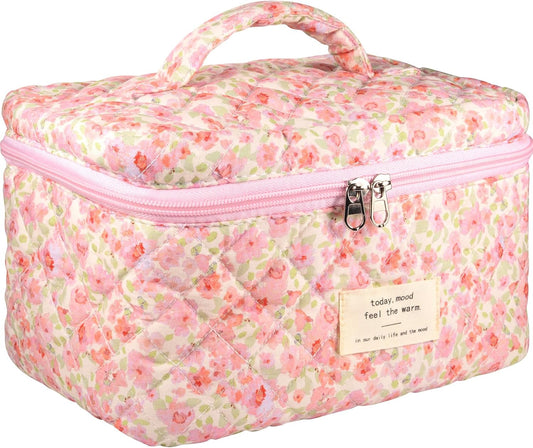 Quilted Makeup Bag, Large Makeup Bag, Cute Cosmetic Bag for Women Girls, Floral Coquette Aesthetic Travel Toiletry Make Up Organizer Bag