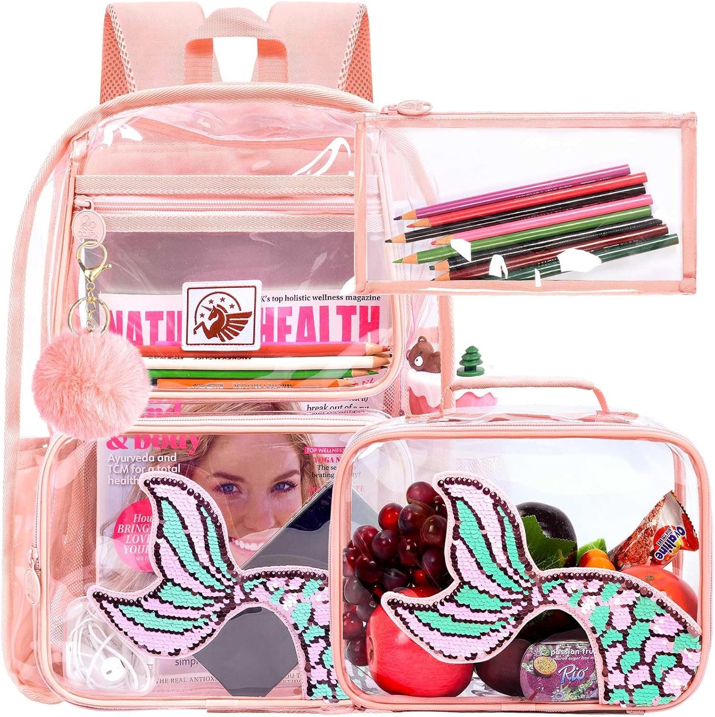 Clear Backpack for Girls and Boys, Kids Transparent Bookbag, 3PCS Cute See Through School Bag for