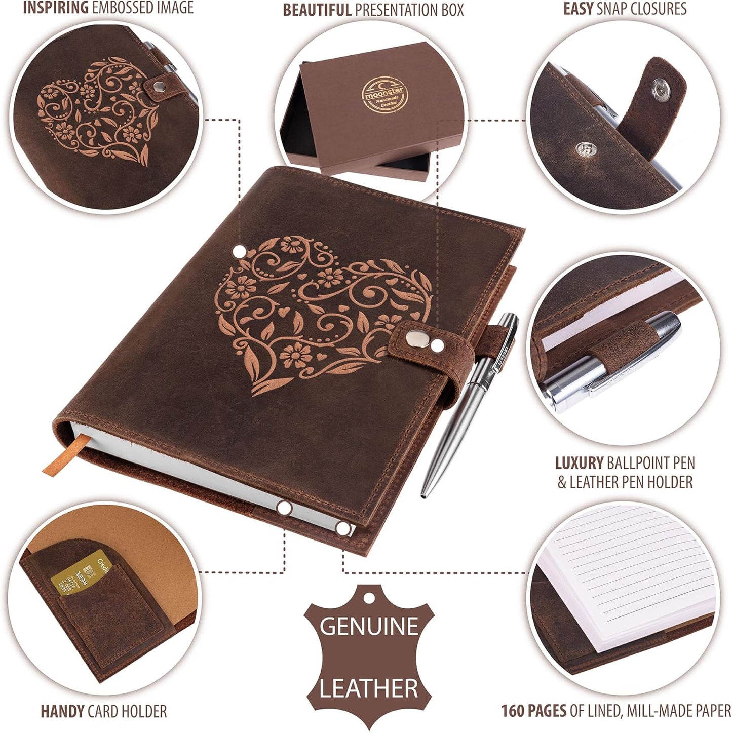 moonster Refillable Leather Journal Embossed Heart Shape Cover Design Journals with Pen – Milled A5 Leather Journal Lined Paper - Journals for Women – Vintage Journal - 320 Pages
