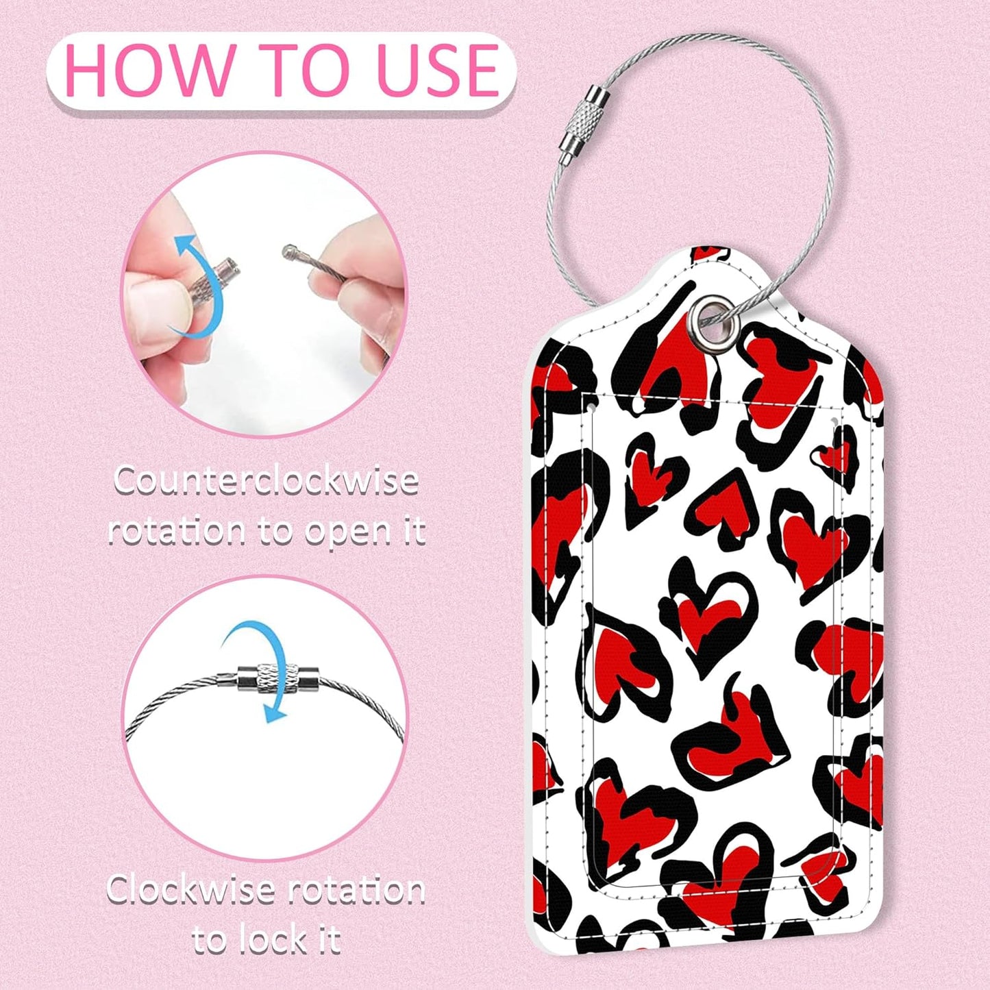 2 Pack Heart Leopard Skin Luggage Tag for Suitcase,Heart PU Leather Suitcase Tags Identifiers with Privacy Name Address Labels and Steel Loop for Women Men Travel