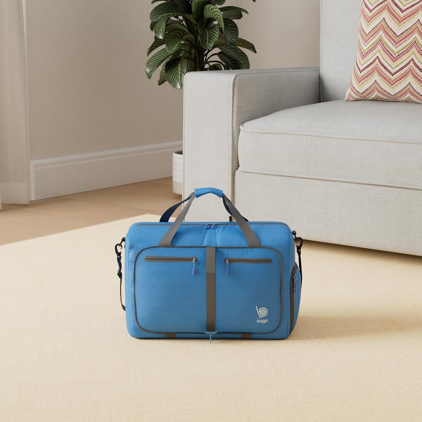 Bago Foldable Duffel Bags for Traveling Women & Men - 60L Medium Packable Duffle Bag for Travel with Shoe Compartment - Water Repellant, Heavy Duty, Lightweight Folding & Collapsible (Blue)