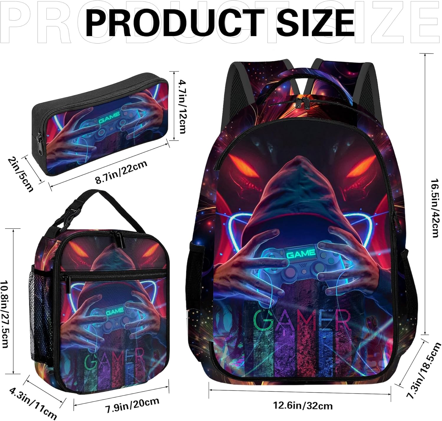 Game Backpack Set for Boys, Gaming Backpack 3 Pack, Boys Lunch Box, and Pencil Bag for Kids, 17"