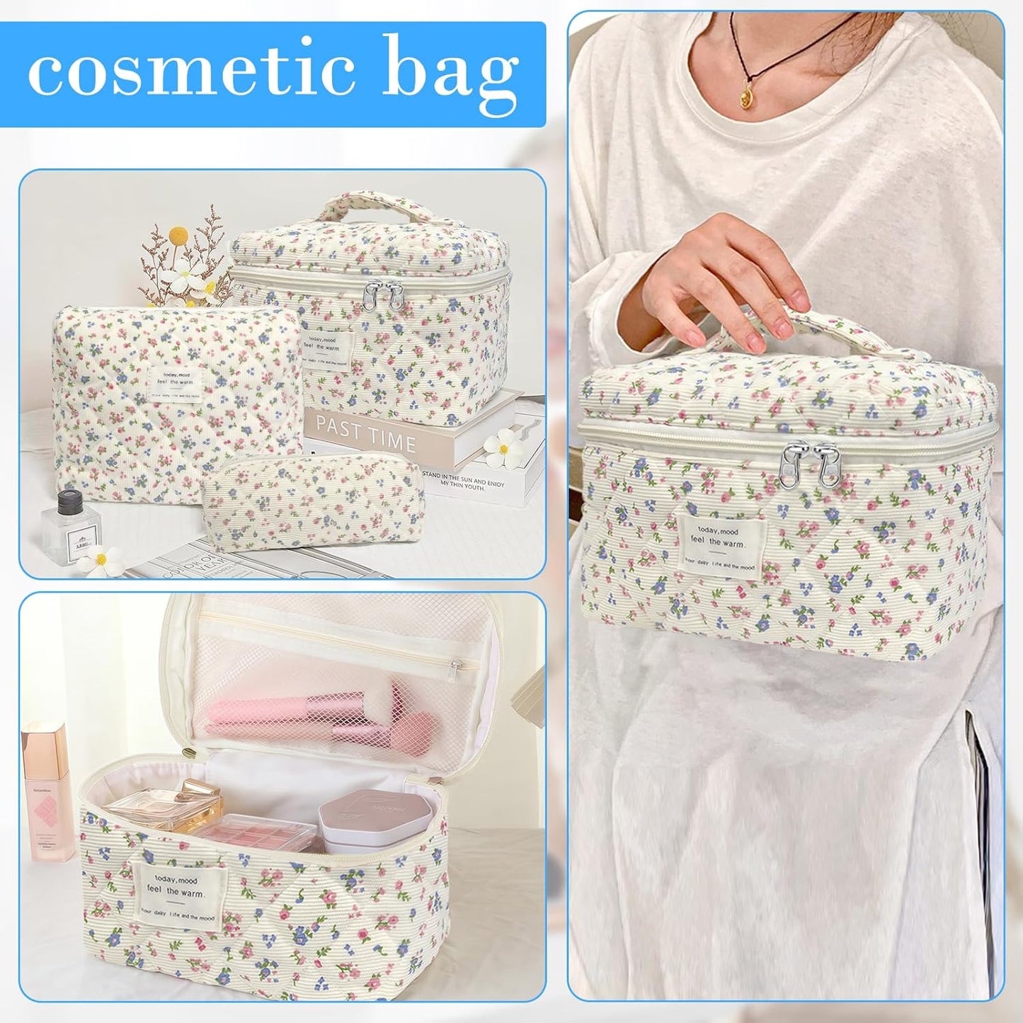 Quilted Makeup Bag, Large Capacity Travel Cosmetic Bag for Women and Girls, Aesthetic Storage for Daily and Travel Use (3pcs- Pinkditsyfloral)