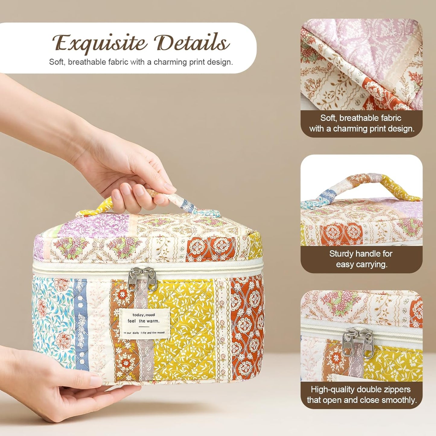 3Pcs Cotton Quilted Makeup Bag for Women Girls, Large Floral Cosmetic Bag Set Cute Makeup Brushes Aesthetic Accessories Storage Bag Travel Toiletry Bag Organizer for Women