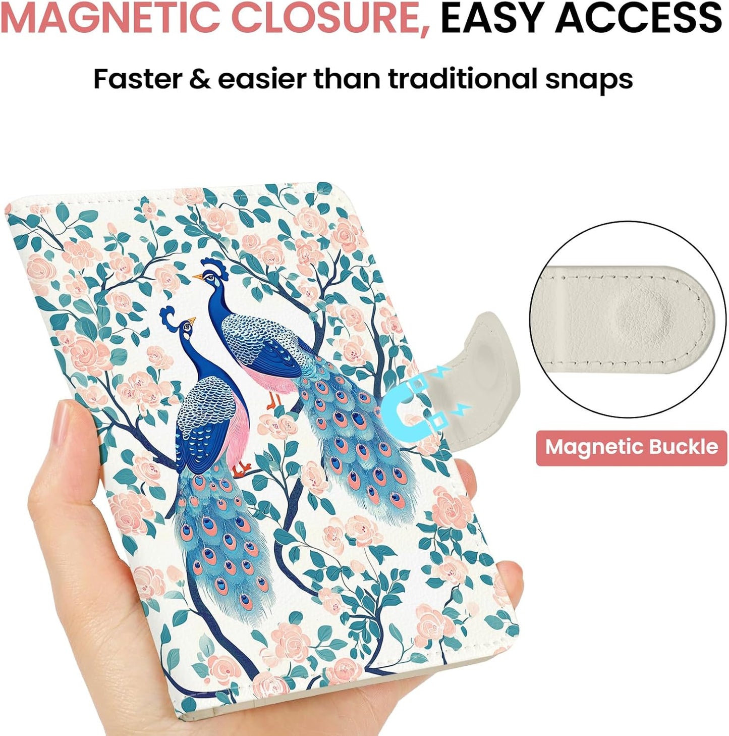 Passport Holder for Travel Essentials, RFID Blocking Leather Cover Wallet with Magnetic Closure, Aesthetic & Cute Passport Book Case for Women and Men - Peacock