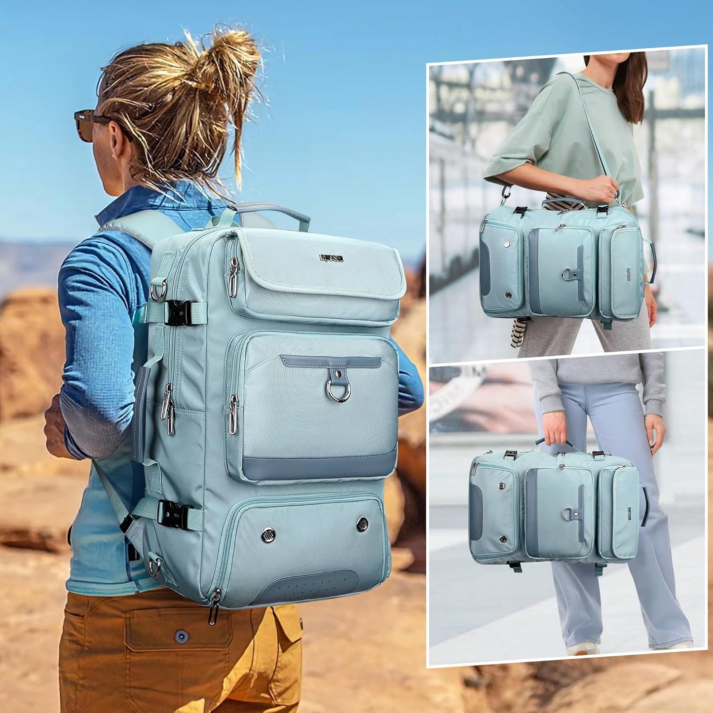PIJUSHI Carry on Travel Backpack for Women Convertible Duffel Bag Backpack Large Luggage Rucksack Fit 16 Inch Laptop(PE039 Blue)