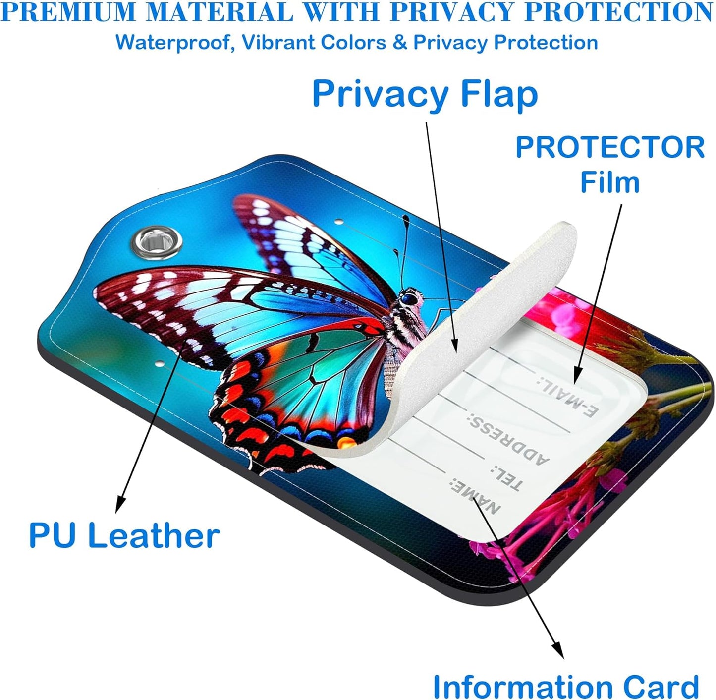 2 Pcs Luggage Tags for Suitcases, Butterfly on Pink Flower Leather Bag Tags for Luggage Privacy Cover Name ID Label with Stainless Steel Loop Cruise Airport Travel Essentials