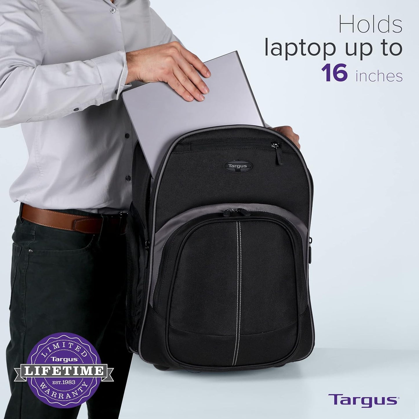 Targus 16 Inch Compact Rolling Backpack, Black - Wheeled Travel Bag with Removable Protective Laptop Sleeve, Fits Laptops Up to 16” and MacBook Pros up to 17” (TSB750US)