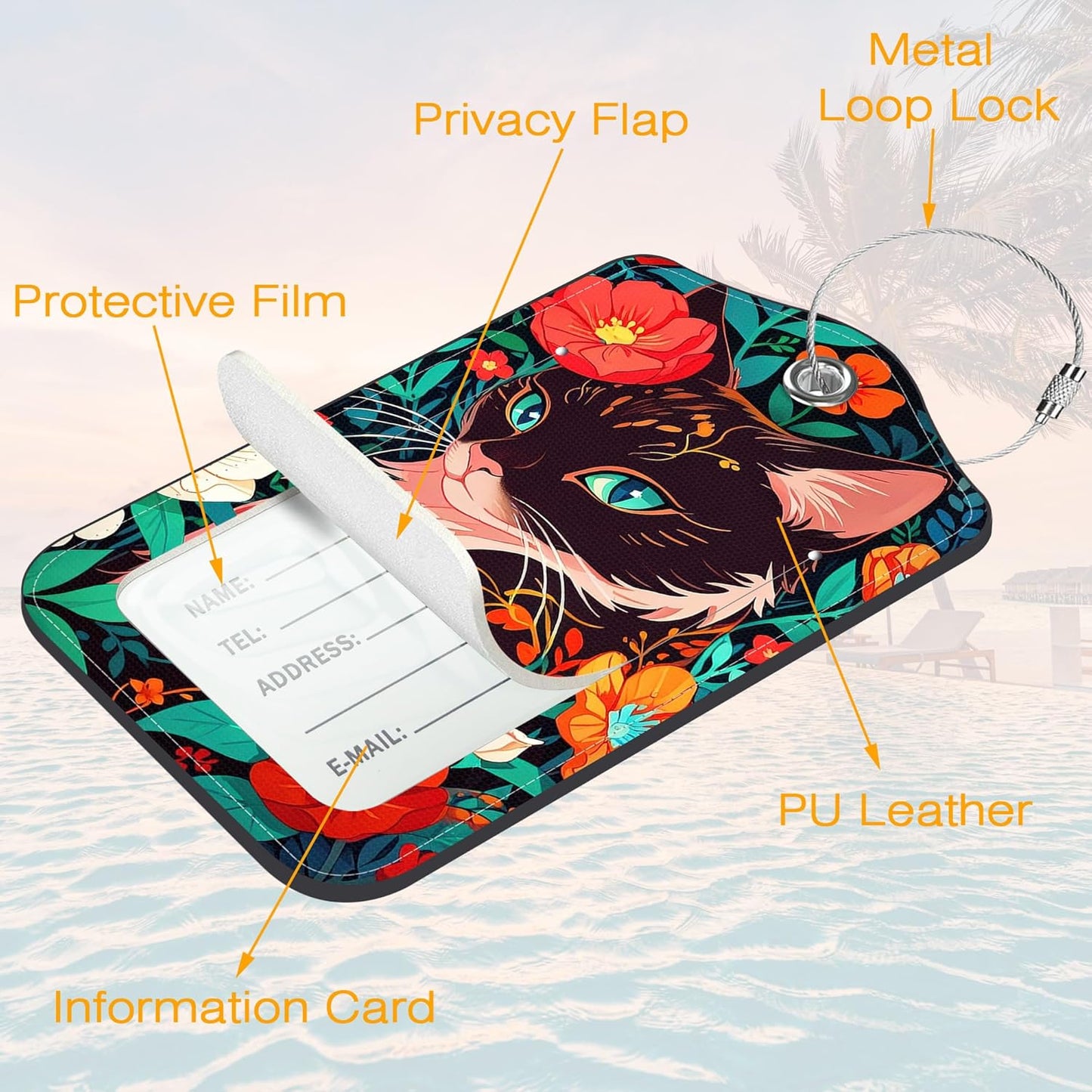 Luggage Tags for Suitcase 3 PCS Black Cat Leather Travel Luggage Tag with Stainless Steel Loop Name ID Label Privacy Cover for Women Men Travel