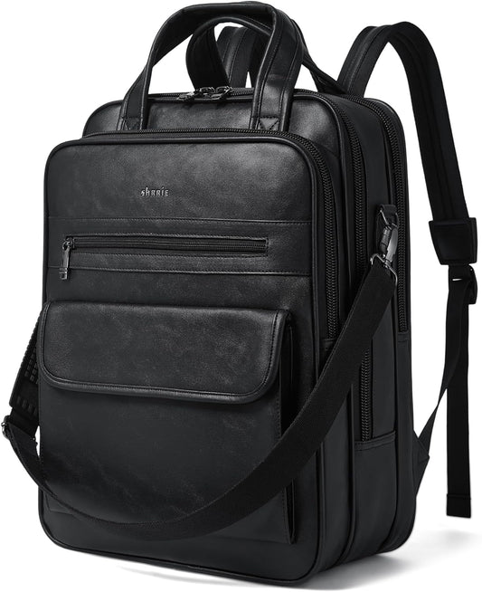Shrrie Laptop Backpack for Women and Men, 15.6 Inch Vegan Leather Computer Backpack Professional Water-Resistant Casual Daypack for Work Business College Travel Office,Two-toned Black