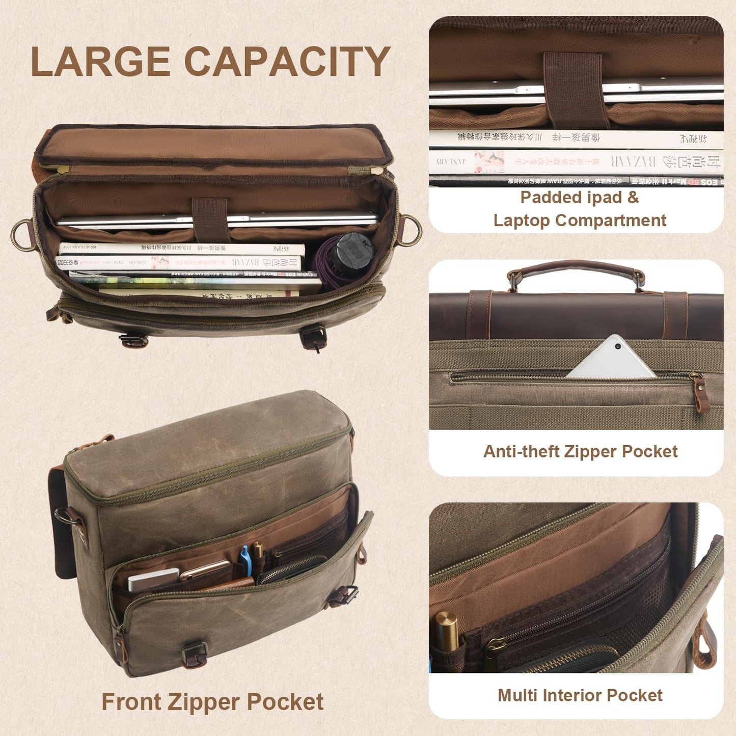 Mens Messenger Bag Waxed Canvas Laptop Briefcase 16“ Vintage Genuine Leather Crossbody Bags Waterproof Satchel Shoulder Bag