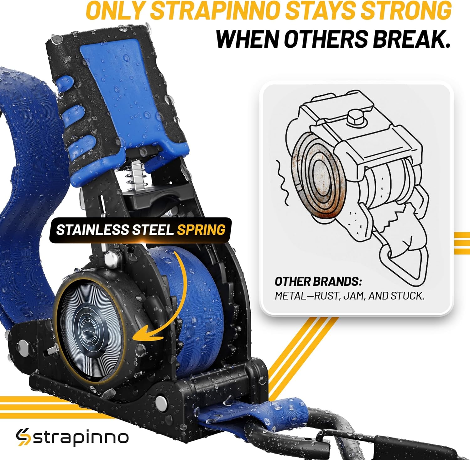 Strapinno Retractable Ratchet Straps 1 in x 10 ft, Secure Tie-Downs with Rubber-Coated Steel