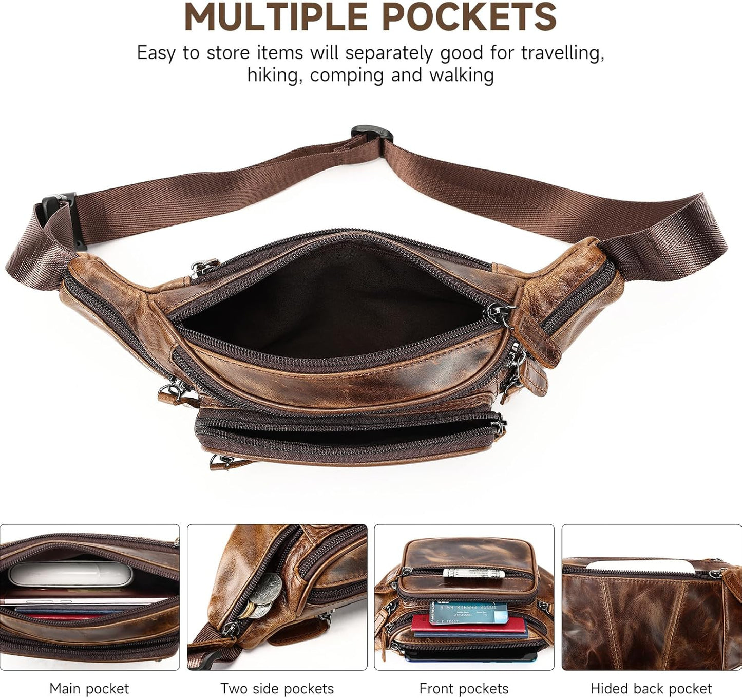 Genuine Leather Fanny Pack for Men Belt Bag Women Waist Purse Small Hiking Running Waist Pack for Phone Bum Hip Bags Shoulder Crossbody Bags