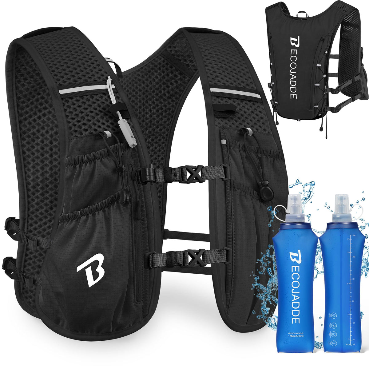 BECOJADDE Running Vest Hydration Backpack with Two 500ML Soft Water Bottles for Men Women, 5L