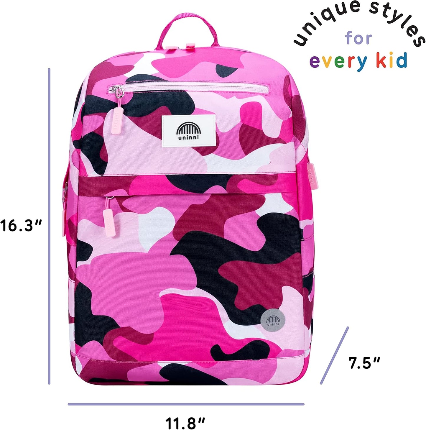 uninni 16" Kid's Backpack for Girls and Boys Age 6+ with Padded, and Adjustable Shoulder Straps. Fits for Height 3'9" Above Kids (Camouflage Fuchsia/Pink)