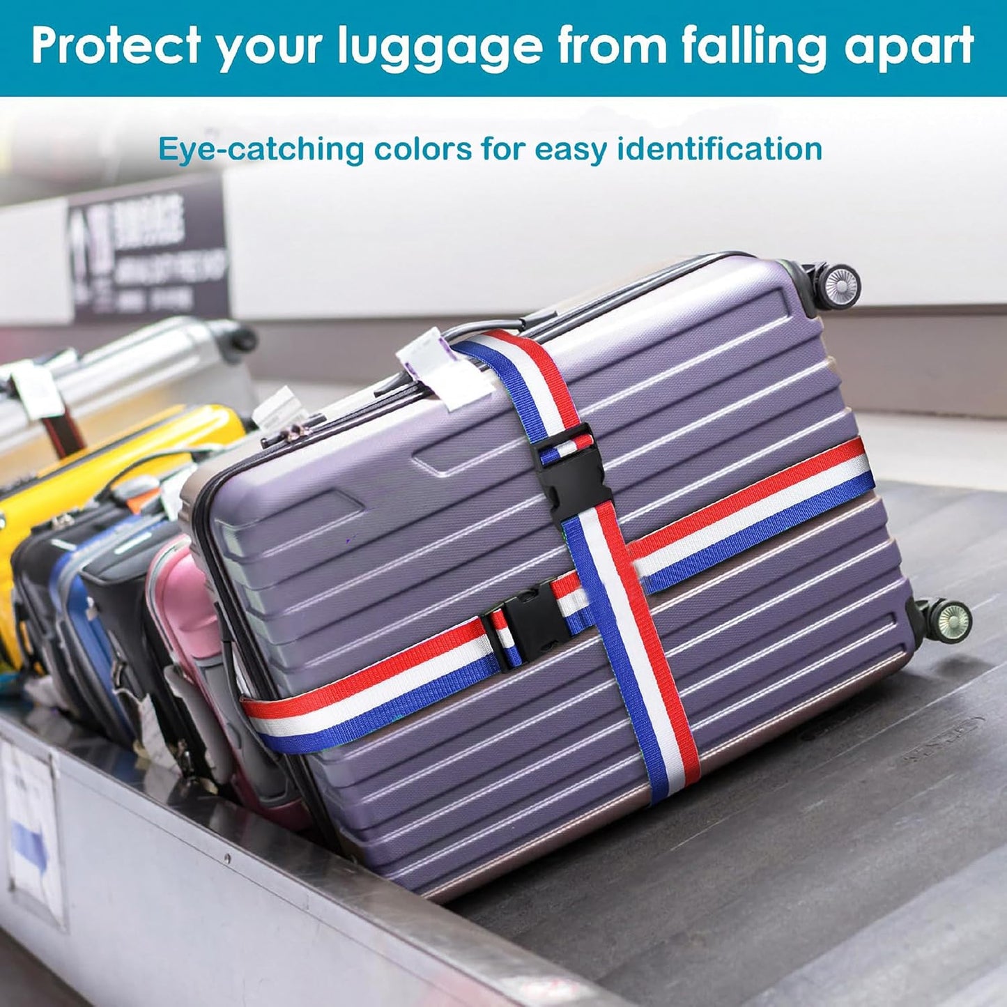 Nylon Luggage Straps Suitcase Belt Travel Accessories with Adjustable Buckle,Heavy Duty Strap Bright Colors for Easy Identification, 2 Packs Blue-White-Red 2M