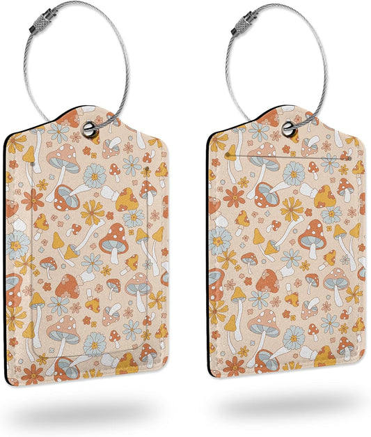 2 Pack Luggage Tags for Suitcases,Vintage Cute Hippie Mushroom Flower Luggage Tag,Leather Stainless Steel Loop Label Tag for Women Men Girls Travel Bag Suitcase