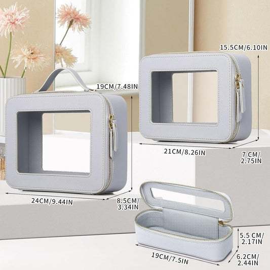 Travel Makeup Set Waterproof Transparent Cosmetic Bag and Toiletry Bag Makeup Brush case with Zipper Car Essentials for Women (Gray, L+M+SLIM)