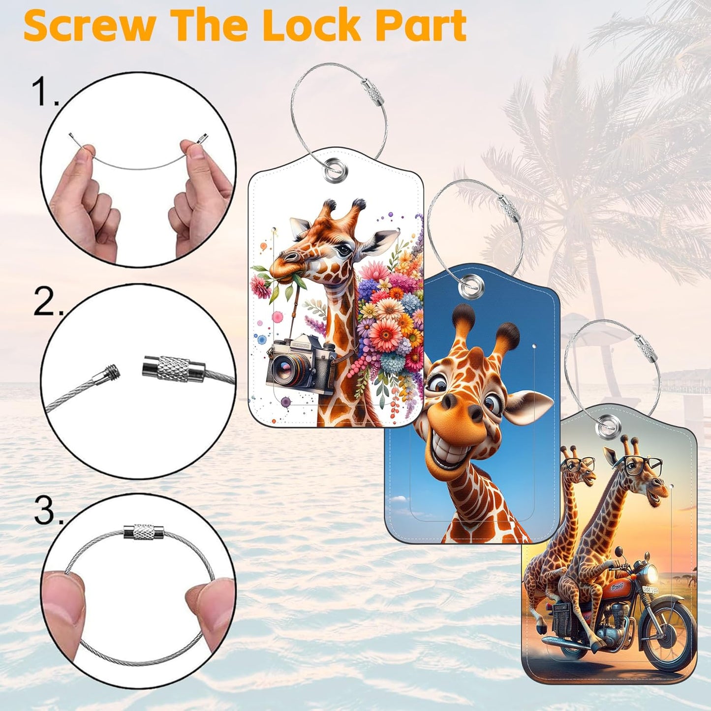 3 Pack Luggage Tags for suitcases Cute Giraffe Leather Luggage Tag, Identifiers with Privacy Name ID Label and Metal Loop for Men Women Travel Bag Suitcase