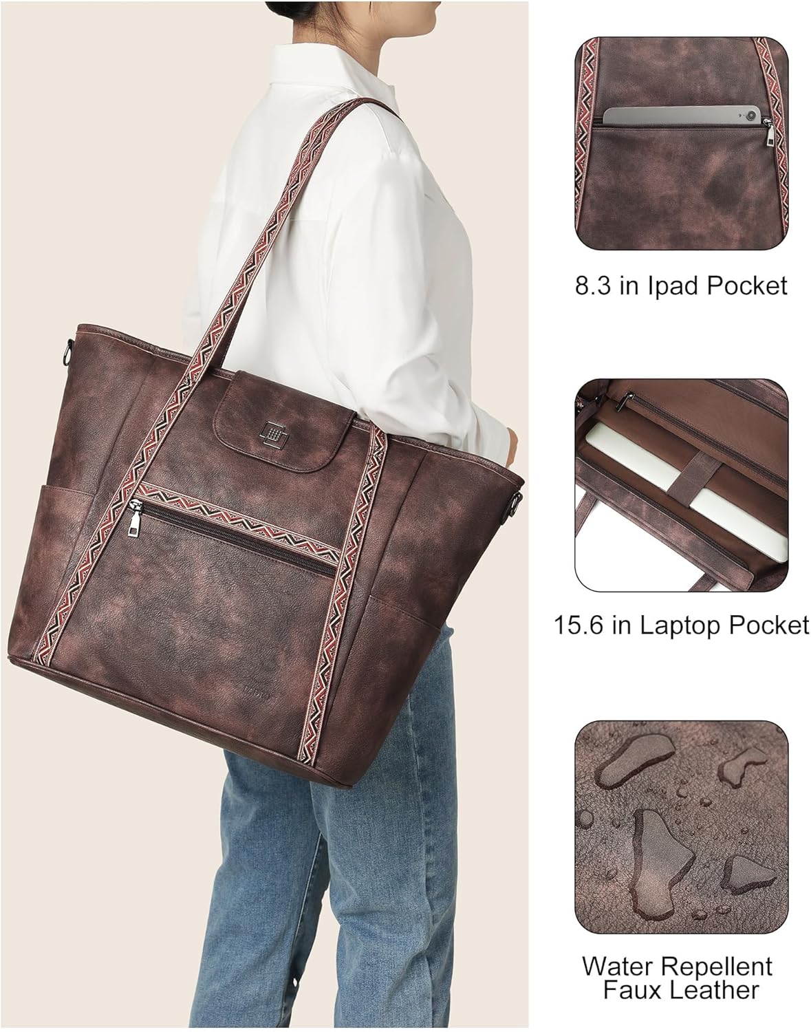 FADEON Large Laptop Tote Bag for Women Designer Leather Laptop Bag Fashion Travel Backpack Purse Shoulder Handbag