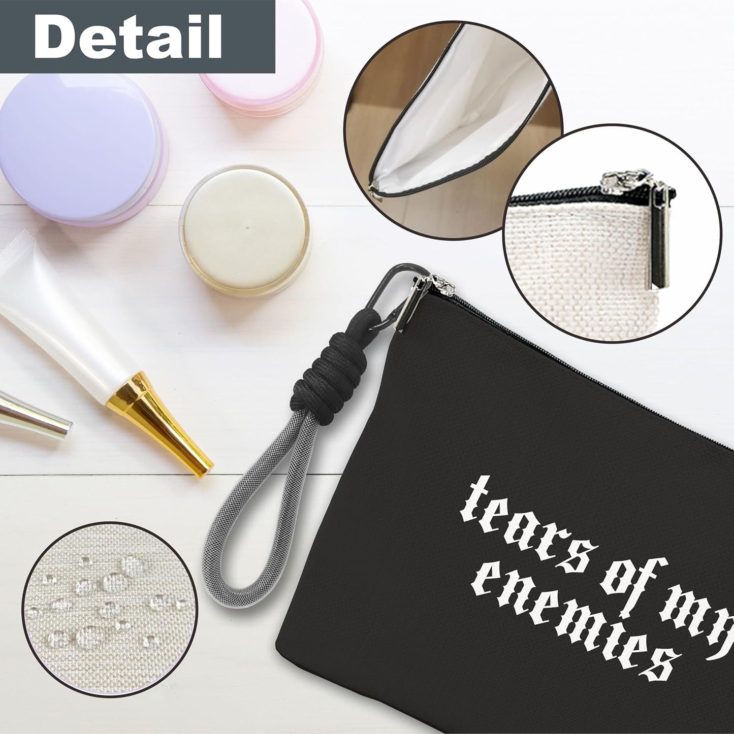 Make Up Bag, Cosmetic Bag With Hand Strap - Gothic Tears Of My Enemies - Lined Toiletry Bag For Woman - Travel Pouch, Black Organizer With Zipper, Women Essentials & Accessories - A09