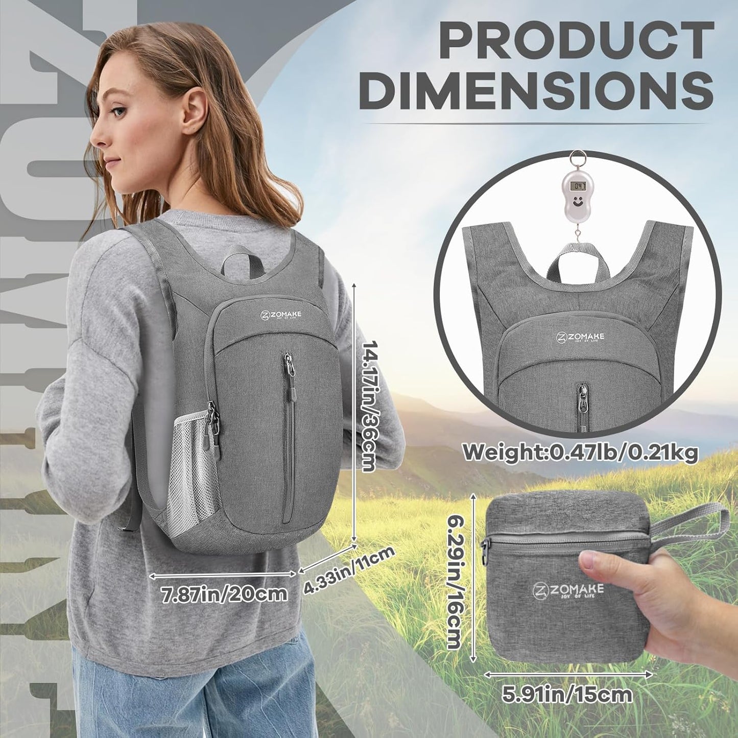 ZOMAKE 10L Ultra Lightweight Packable Backpack, Small Daypack Light Foldable Backpacks Water Resistant Day Bag for Hiking(Grey)
