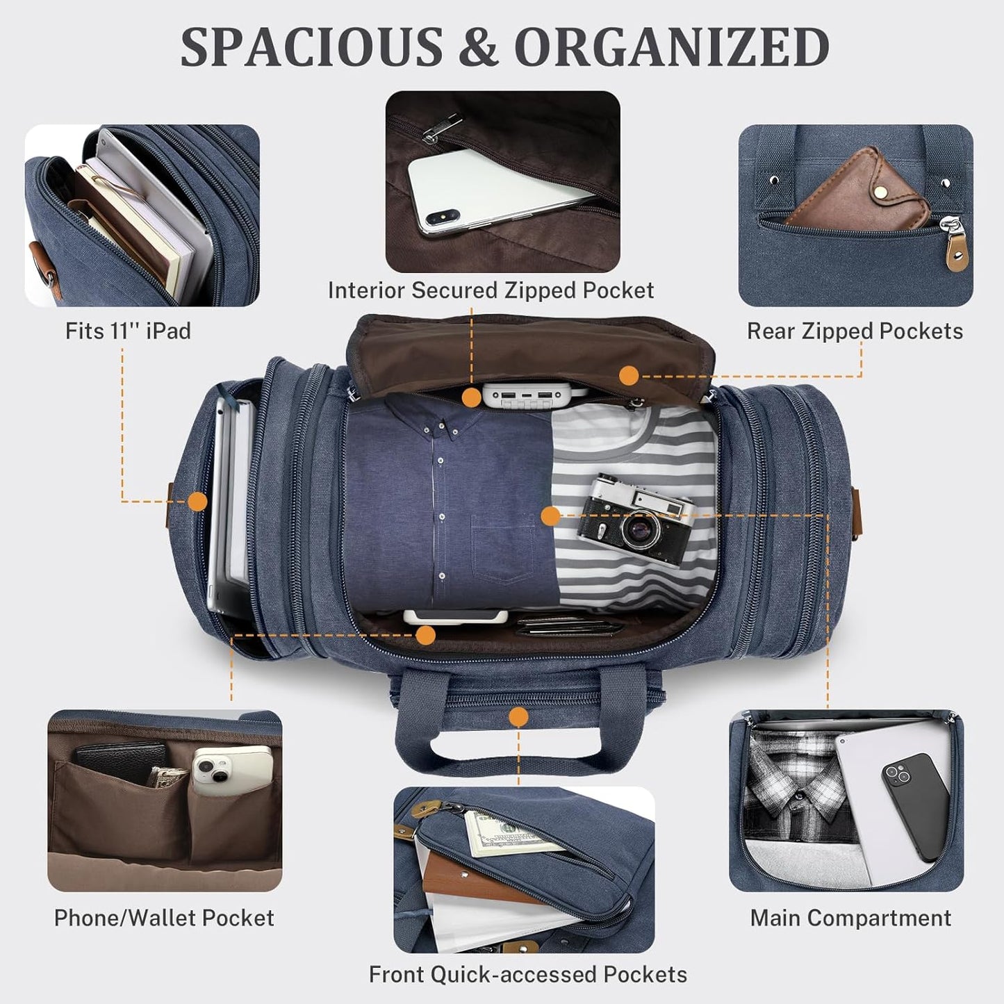 Gonex Canvas Duffle Bag for Travel 50L Expandable Duffel Weekend Overnight Bag (Denim Blue)