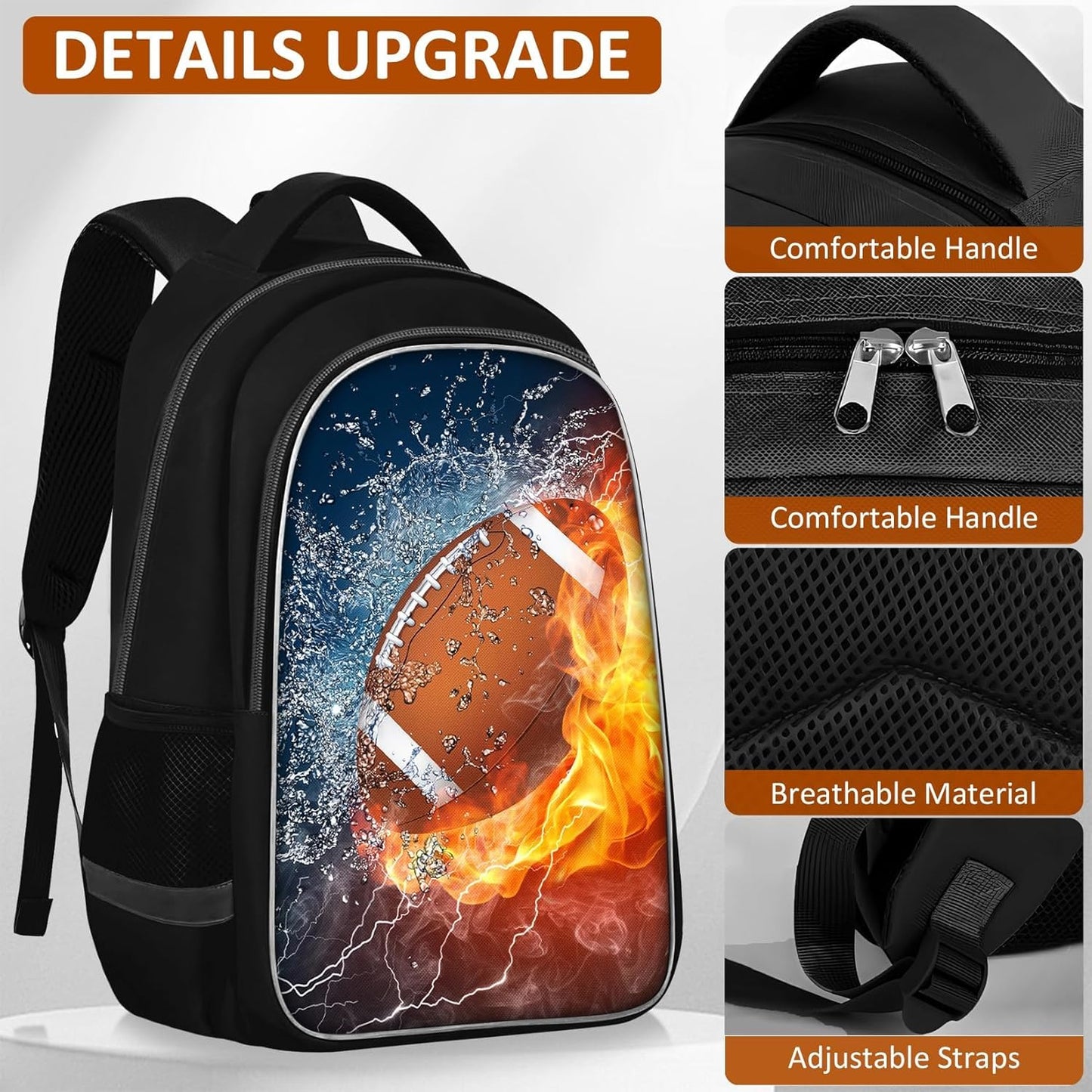 School Backpack for Boys - 4pcs American Football Boys Backpack with Lunch Box Set for Kids Children Teens Elementary Middle School - 17″ Sport Bookbag Travel Back Pack for Age 6-18