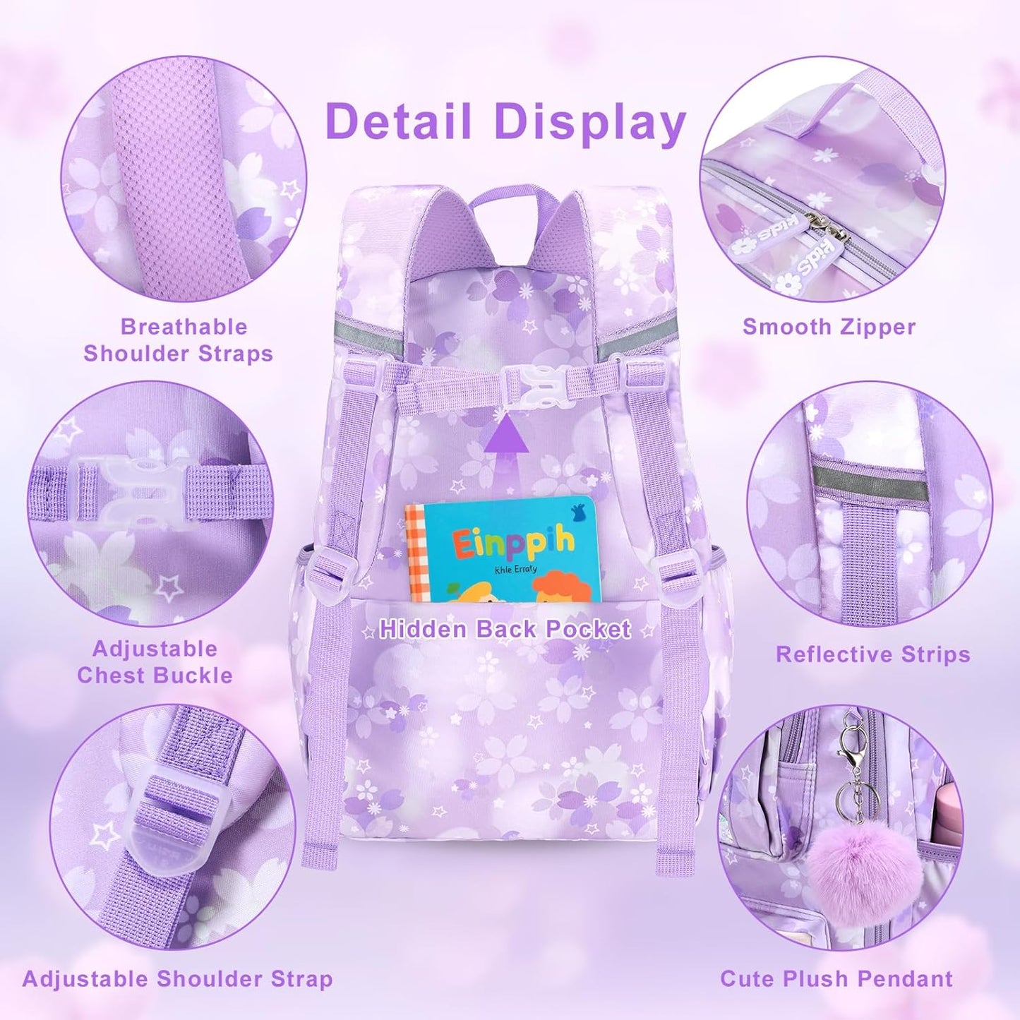 Backpack for Girls 3pcs Set, Kids Backpack for Girls with Lunch Box Pencil Case Set for Teens Elementary Middle School Bags (Purple-3 Piece Set-1)