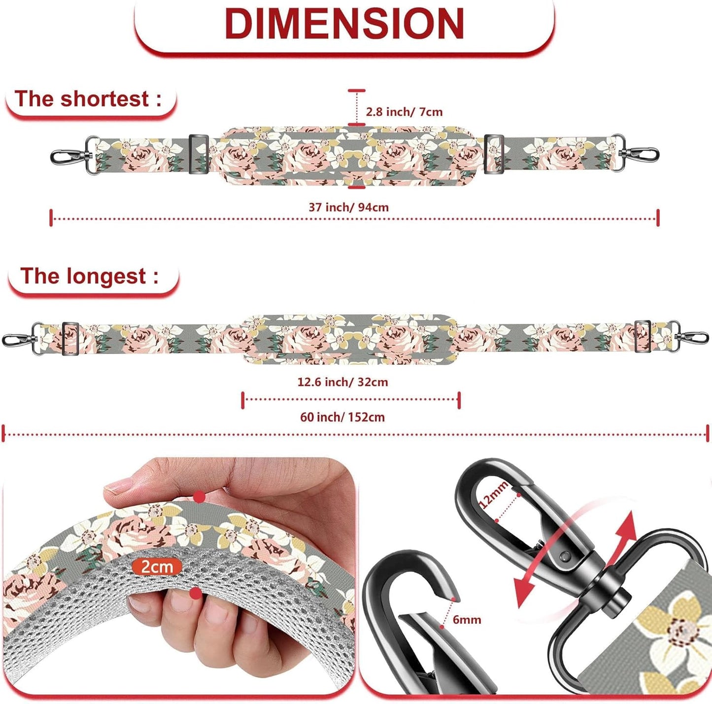 ZINZ 60" Universal Bag Strap with Ultra-Thick Fixed Breathable Pad Adjustable Heavy-Duty Shoulder Strap for Laptop Bag Crossbody Luggage Gym Bag Camera Bag and More,Gray Flower